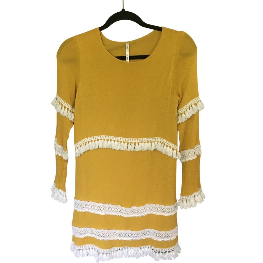 Indikah Mustard Yellow Shift Mini Dress with White Tassels and Lace